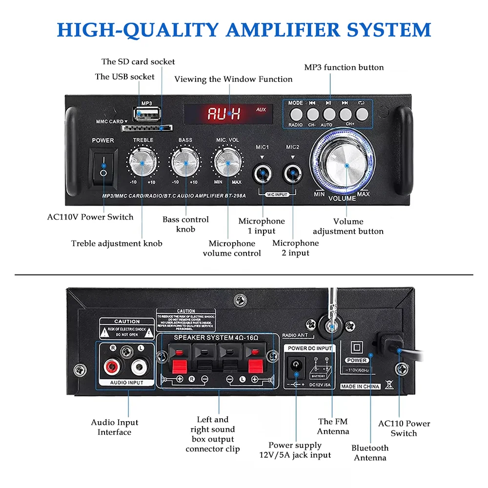 Home Amplifier Stereo Receivers Audio Max 300W*2 Power Amplifier BT USB SD RCA Remote car Stereo System