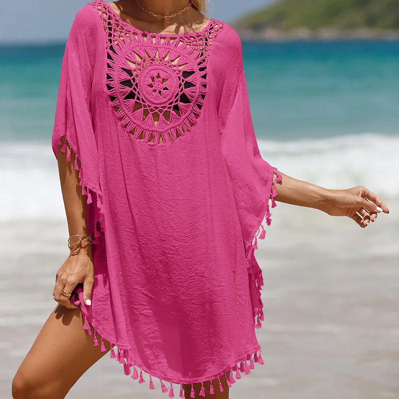 Summer Ladies Beach Bikini Cover Up T Shirt with Tassel Women Sexy Hollow Loose Beach Dress Bikini Swimwear