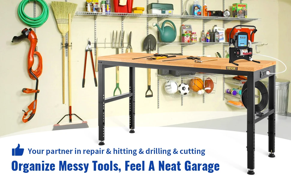 SucceBuy 2000 lbs Adjustable Garage Workbench 61" L x 20" W Work Table with 28.3"-38.1" Height & Hardwood Top for Office Home