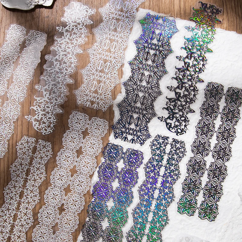 10 pcs laser Long Strip Lace PET Stickers Decorative Adhesive Diy Scrapbooking Stick Labels hand made Diary Album junk supplies