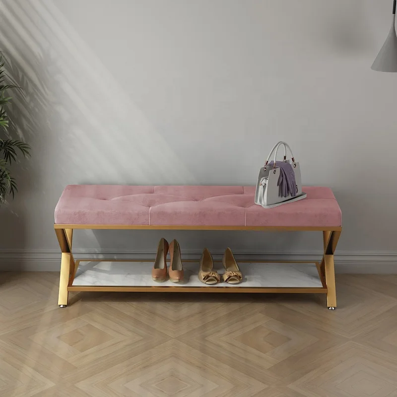 

Custom Hotel Furniture Footstool Metal Stainless Steel Velvet Fa Modern Changing Ottoman Bench Low Chair Rack Stool