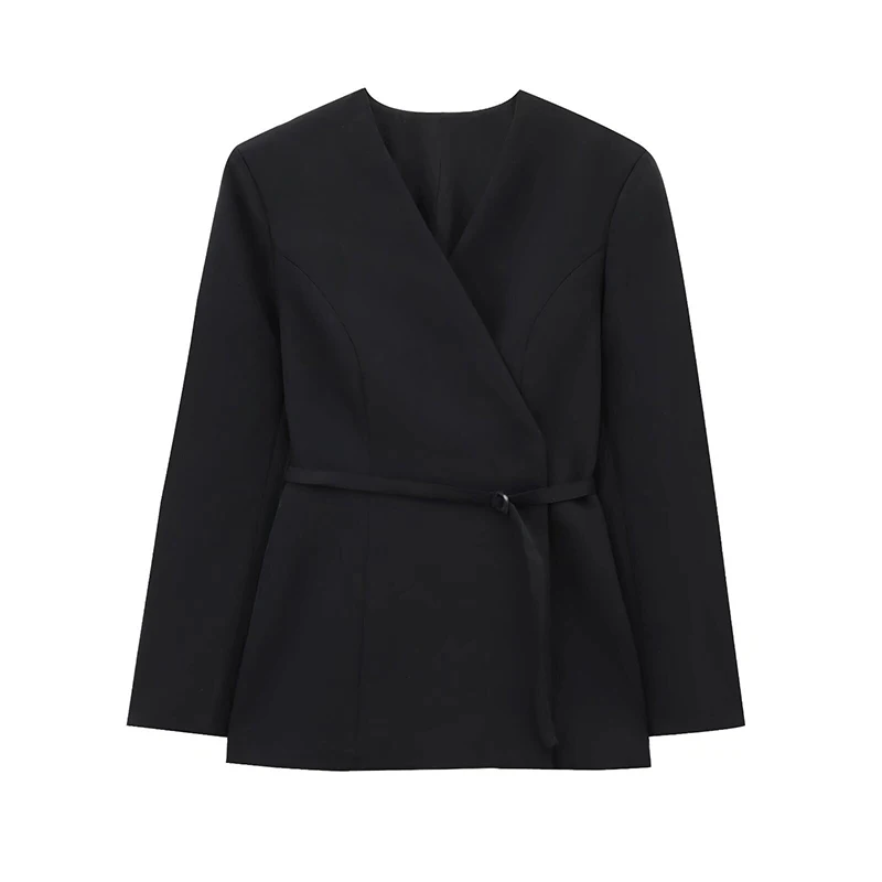 Chaqueta de traje con cinturón fino para mujer, cuello en V, hebilla, manga larga, color liso, primavera 2025, para mujer, para ir al trabajo, ropa de abrigo de cintura alta, nueva