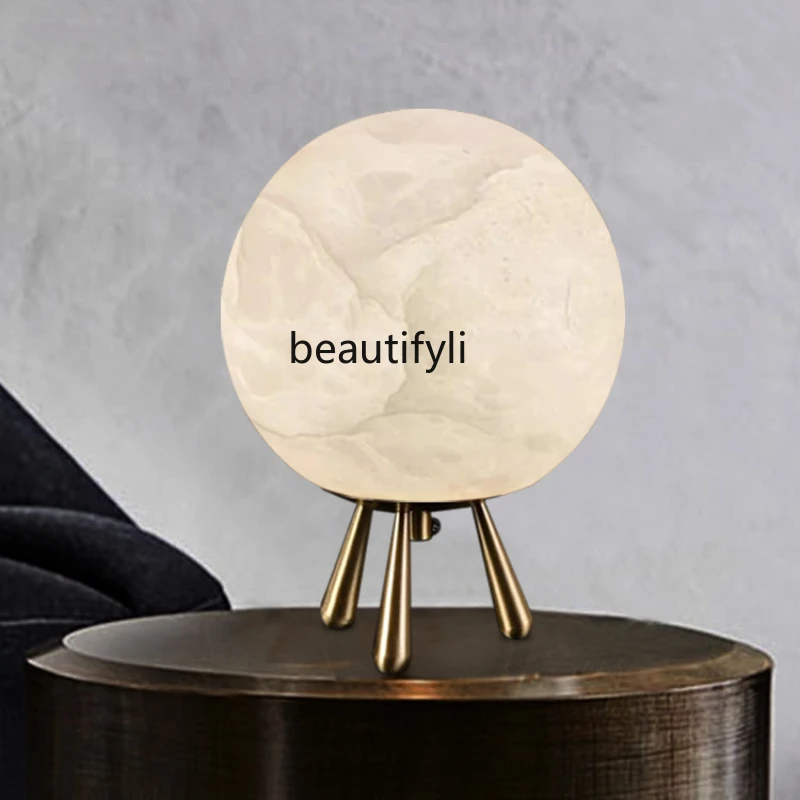 

All Copper Marble Stone Lamp Bedroom Bedside Lamp Bar Counter Study LED Desk Light Decorative Table Lamp
