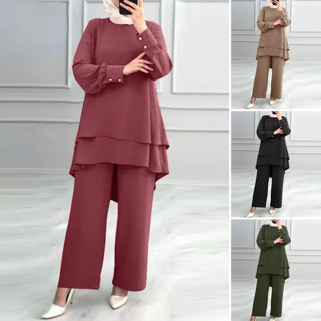 Ensemble 2 pièces pour femmes musulmanes, chemisier, Double haut, pantalon à jambes larges, costume marocain, Ramadan, Ensemble décontracté, tenues pantalon arabe de dubaï 1