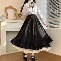 Japanese ruffles pleated skirt woman sweet high waist loose Ankle-length skirts women college style black patchwork A-line skirt - Image 3