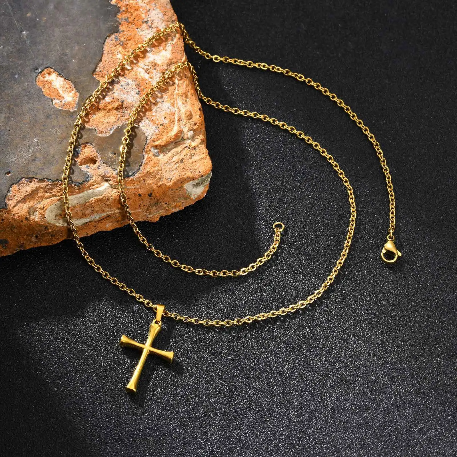 Simple Gold Color Cross Necklace for Men,Stainless Steel Cross Sweater Chain Jewelry Gift
