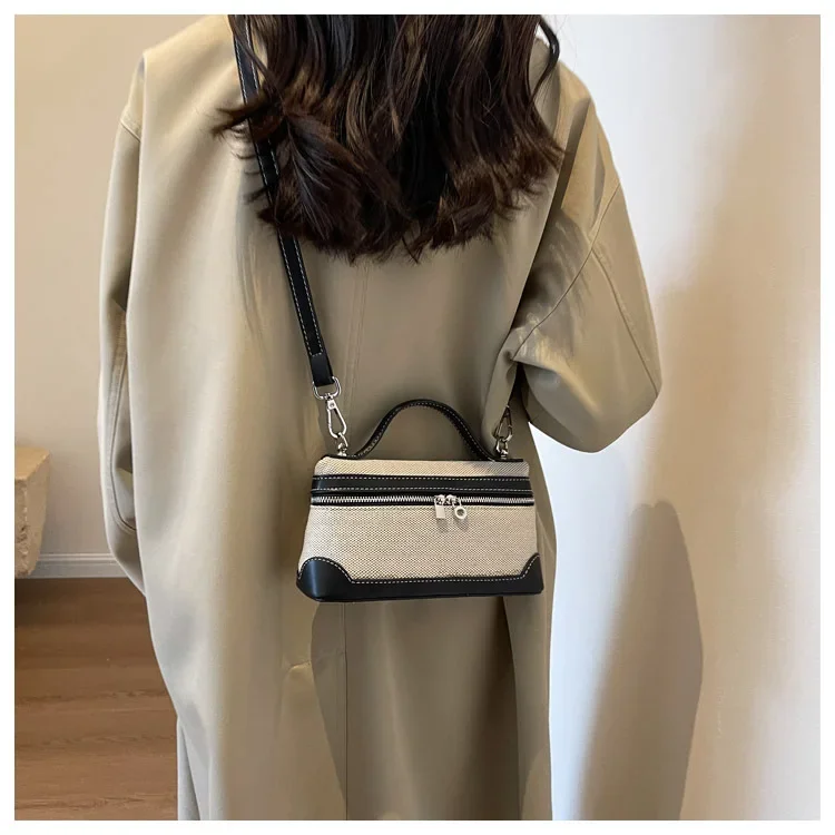 retro canvas handbag for women,women’s summer crossbody bag,contrast color casual handbag,small square canvas shoulder bag,casual women’s sling bag,retro fashion canvas purse,lightweight canvas handbag