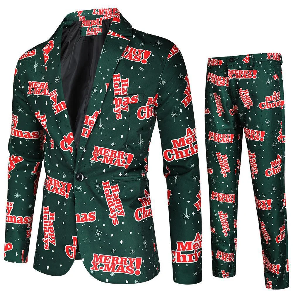 thumbnail image 1 of Gorro navideño de anime para hombre, chaqueta azul y roja, divertido árbol de Navidad, muñeco de nieve, estampado, blazer de un botón, frente abierto, trajes de trabajo de oficina para negocios, 1 of 5