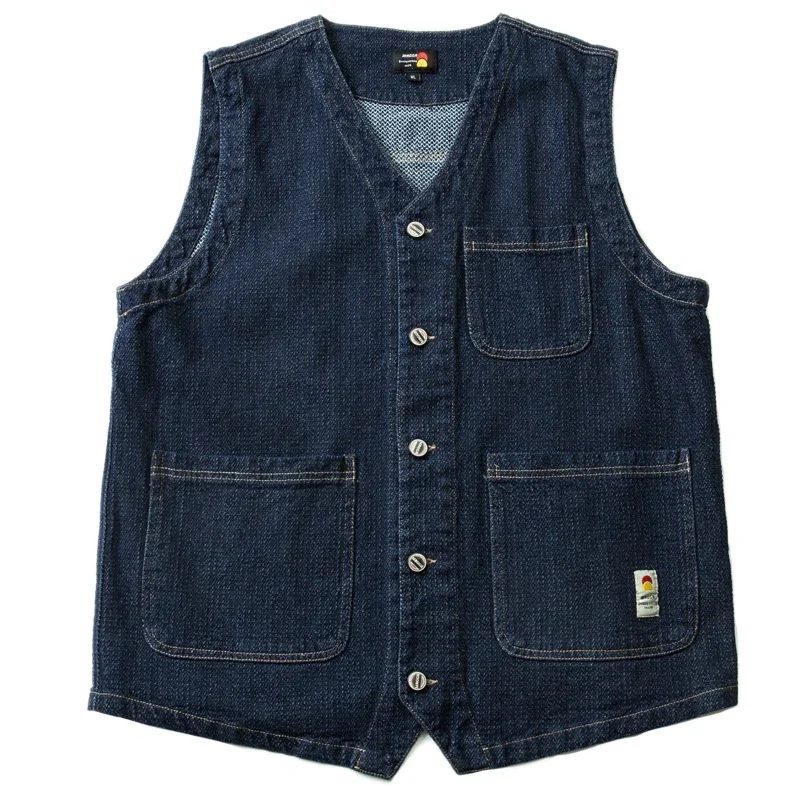 Imitation Kendo Cloth Pineapple Grain Texture Navy Japan Multi Pocket Vest Men's Single Breasted V-neck Loose Coat Retro отвертка kendo