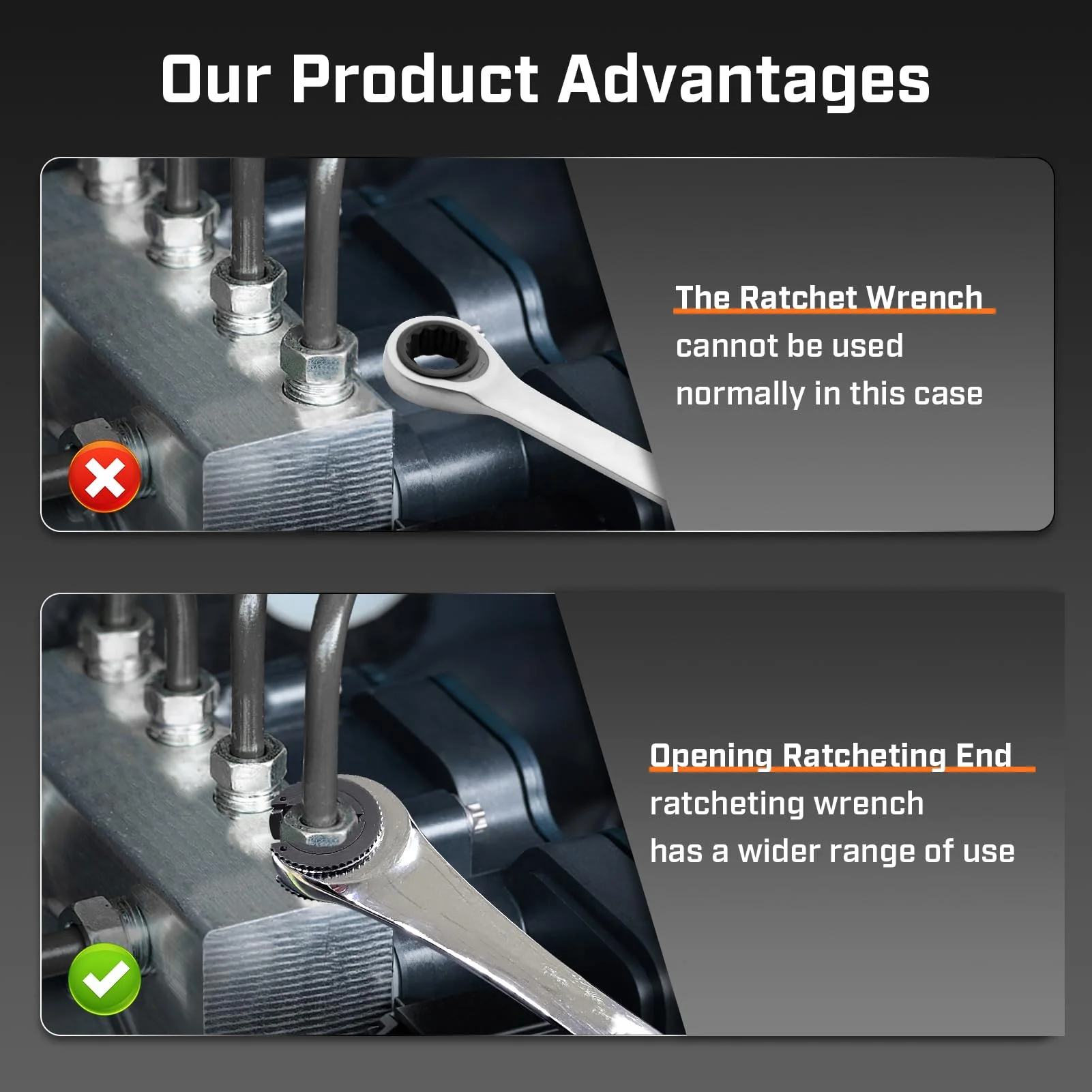 Brake Line Wrench Flexible Open Head 72 Tooth Ratchet Wrench CrV Steel Material 13mm for Mechanical Repair for Nut Tightening