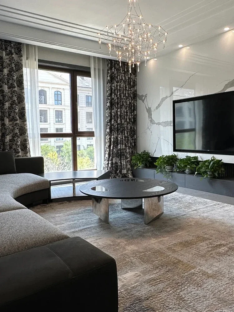 Minimalist Solid Wood Round Coffee Table Modern Simple Living Room Home Design Suspended Stainless Steel Small Apartment