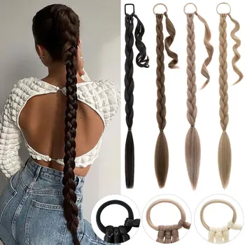 Snoilite Synthetic Long Twist Braid Ponytail Extensions With Rubber Band 34" Boxing Braided Hair Extensions For Women Daily Use 1
