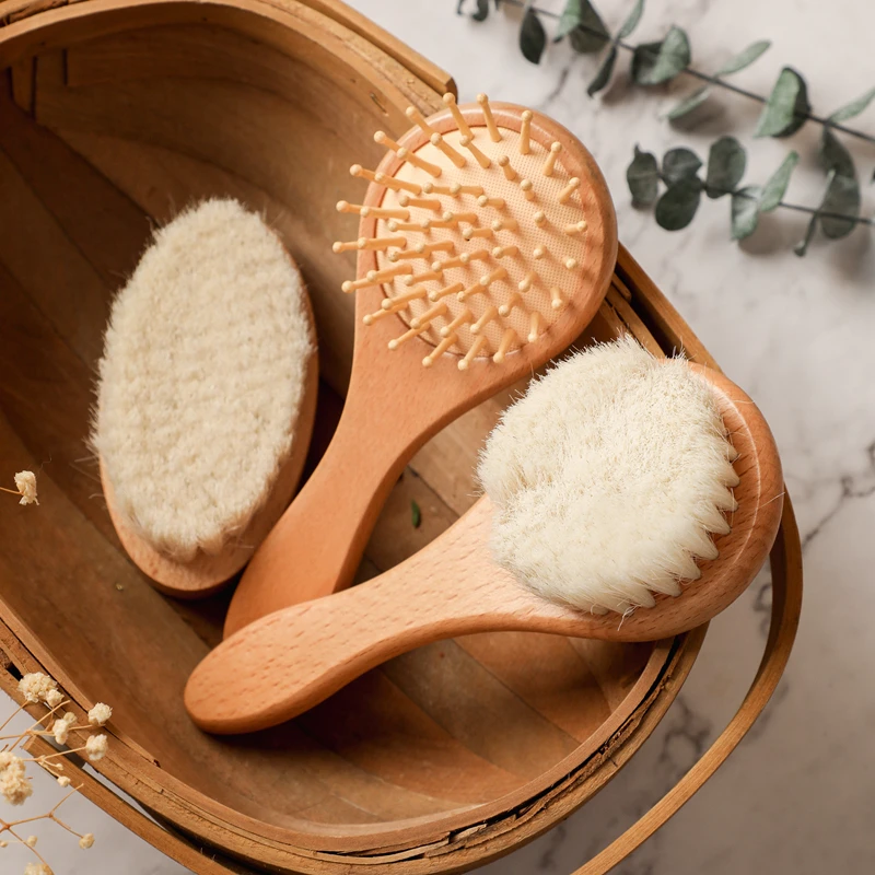 Bopoobo Baby Hair Brush Pure Natural Wool Baby Beech Wooden Brush Hair Comb Massage Brush Sets for Kids Care Grooming Tools