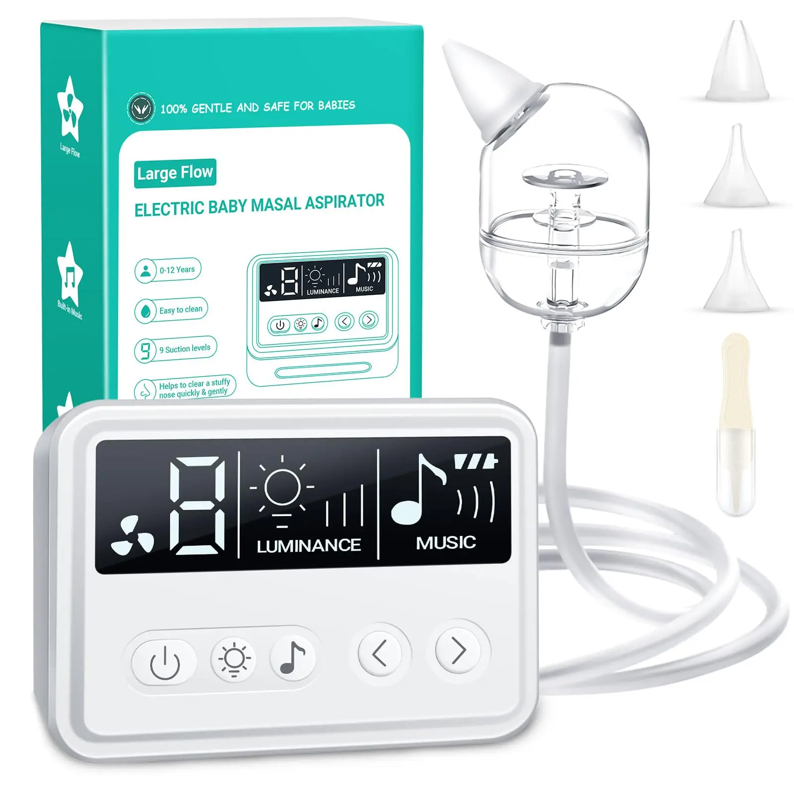 Baby Nasal Aspirator Electric Nose Cleaner with Built-In Music & Night Light Rechargeable Nose Booger Sucker for Infants Babies 4