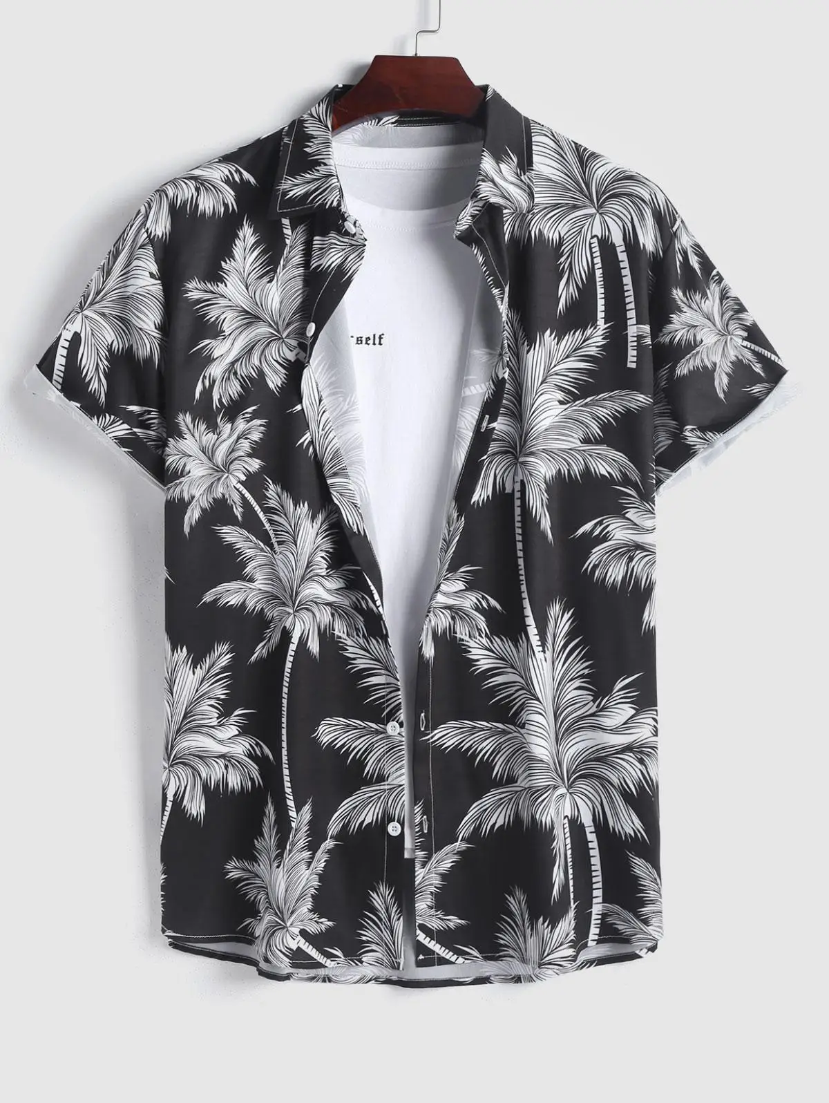 thumbnail image 1 of Camisa de manga corta con botones y solapa para hombre con estampado de cocoteros tropicales, estilo hawaiano, para vacaciones de verano en el resort, tops extragrandes, 1 of 5