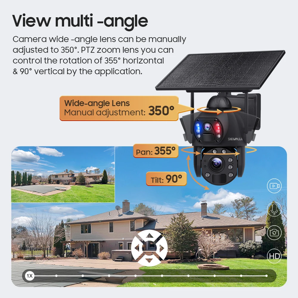 SHIWOJIA 8MP WIFI Solar Powered Camera 4G LTE 36X ZOOM 360° Security Battery Cameras Dual Lens Color Night Vision PIR Detection