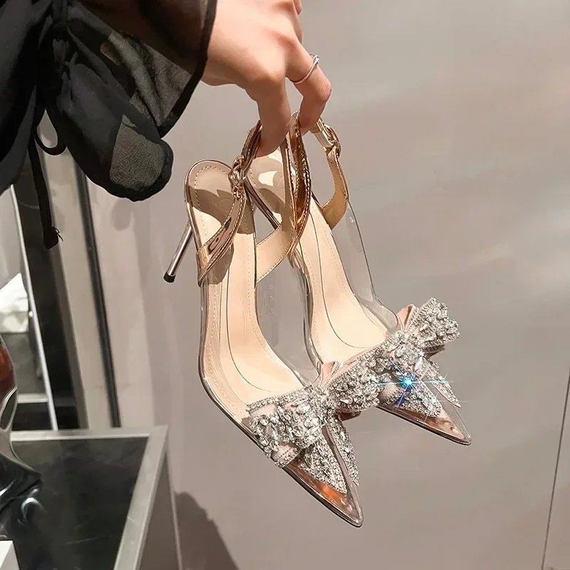 New High-heeled Sandals Women's Stiletto Pointy Crystal Shiny Rhinestones Retro Transparent Bridal Wedding Shoe Luxury Brands 40