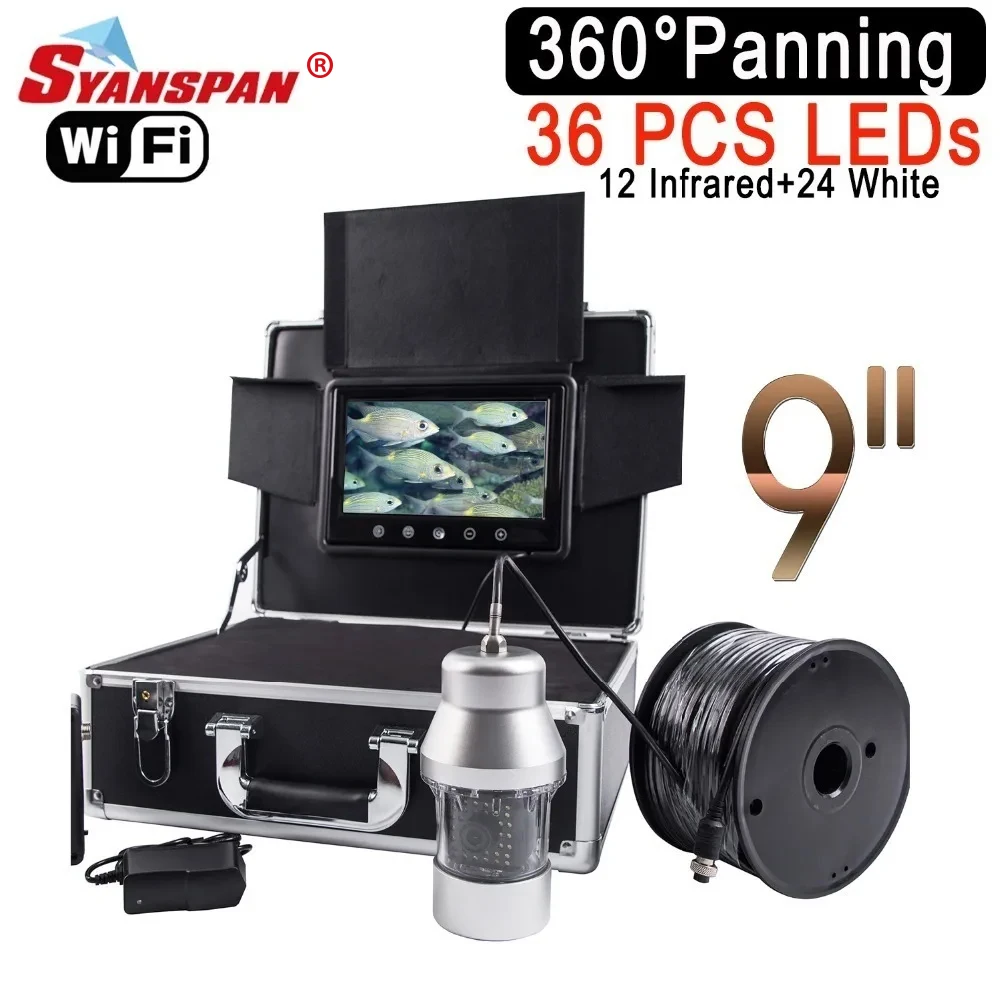 SYANSPAN 360&deg; Rotating WiFi Fish Finder 36LED Underwater Fisherman Camera Ice Fishing Finder Sea Detector 9" HD Monitor