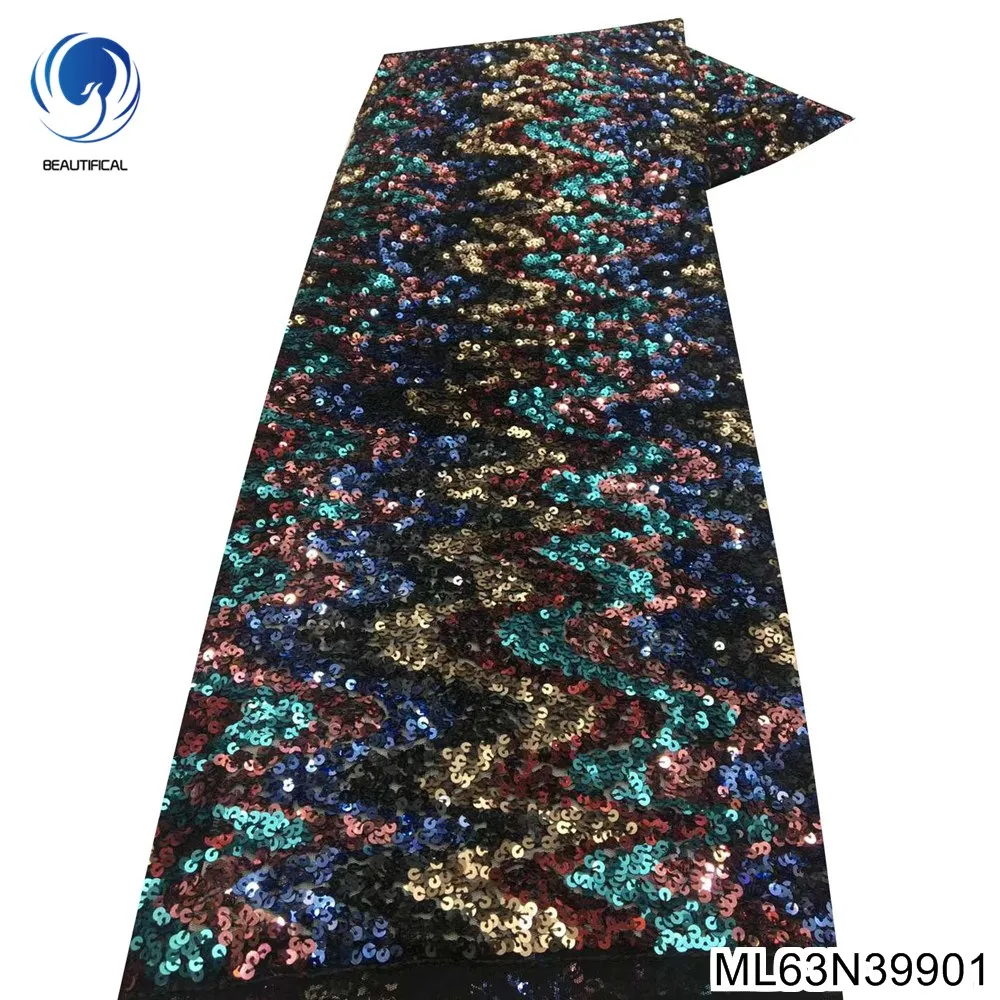 

French Tulle Exquisite Lace Quality African five colors Sequin Fabric for Perfect color match Evening Party Dress ML63N399