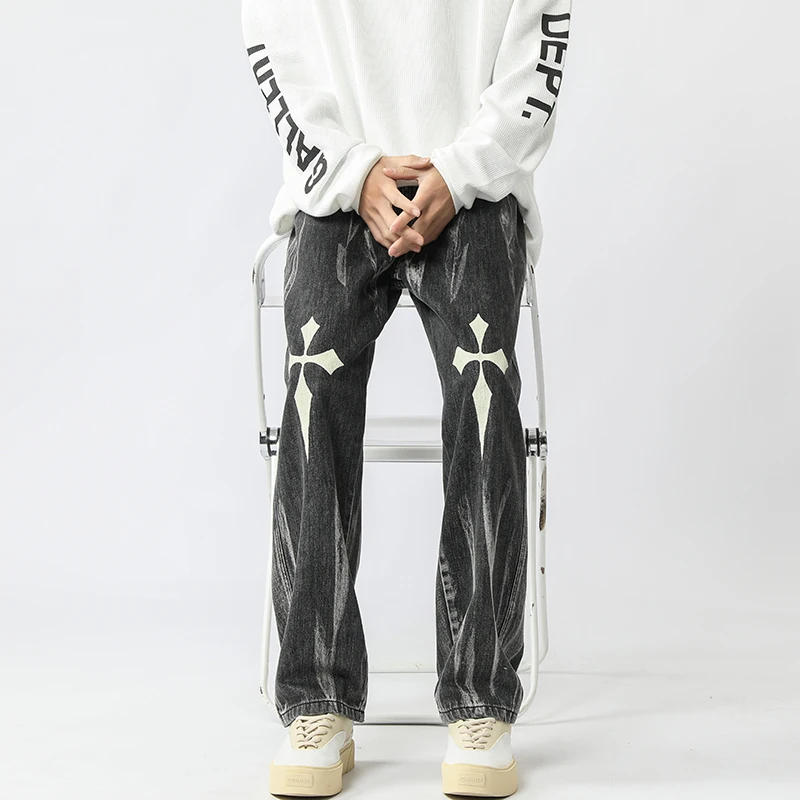 

Cross Men's Jeans Spring New Style Vibe Style Loose Straight Pants American Street Hip-hop Black Wide Leg Pants Y2k Clothes Men