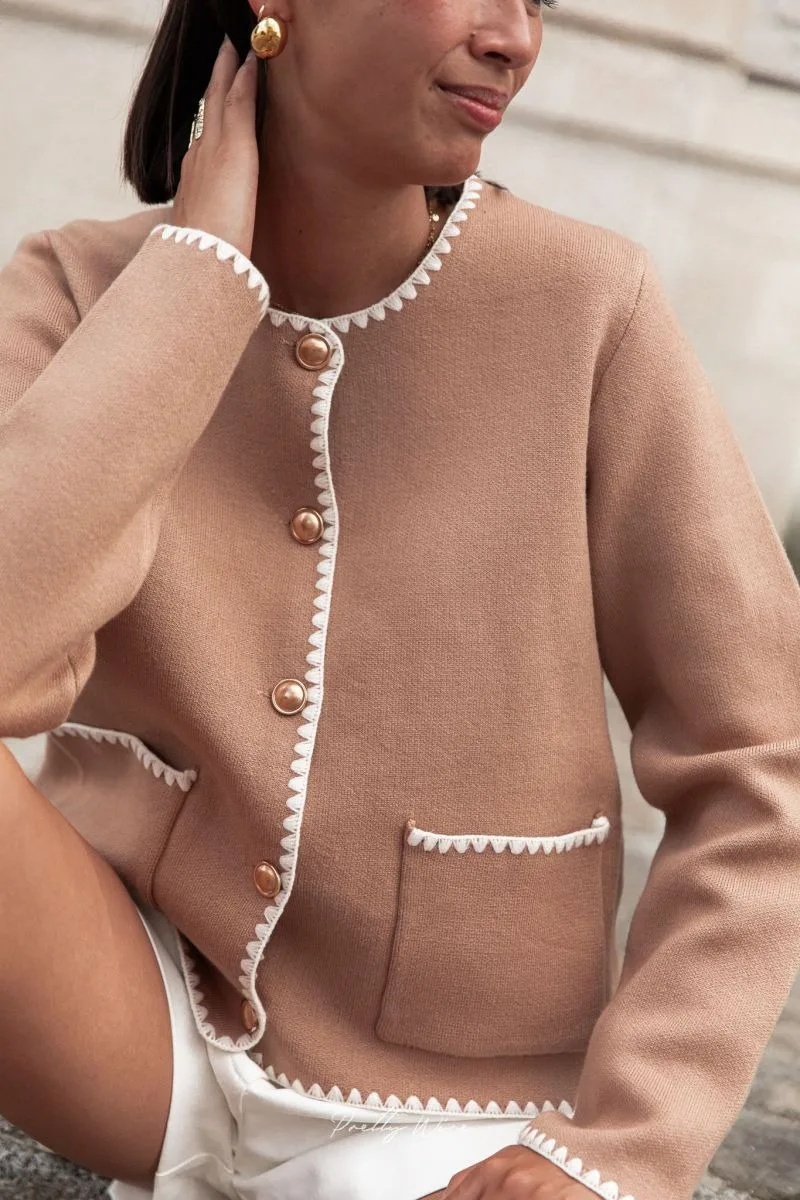 Cárdigan de punto de retazos para mujer, elegante abrigo de otoño para mujer, cuello redondo, manga larga, chaqueta de calle cálida para invierno para mujer, novedad de 2025