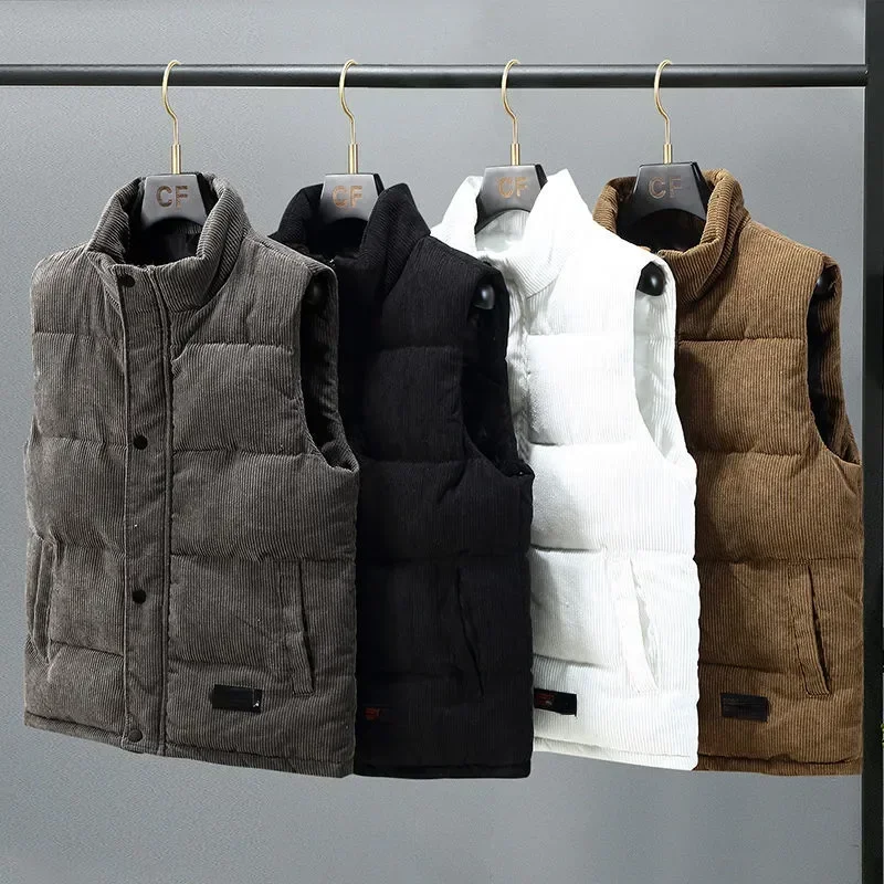 Vests Jacket Men Autumn Winter Stand Collar Warm Sleeveless Leisure Down Cotton-Padded Vest Coat Thickened Corduroy Warm Coat