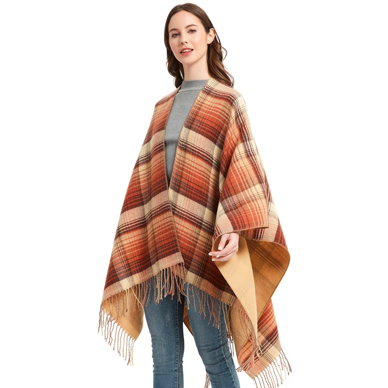 

CHENKIO Women's Warm Shawl Wrap Open Front Poncho Cape Color Block Shawls Winter Cardigan Wrap Printed Ponchos for Women Blanket