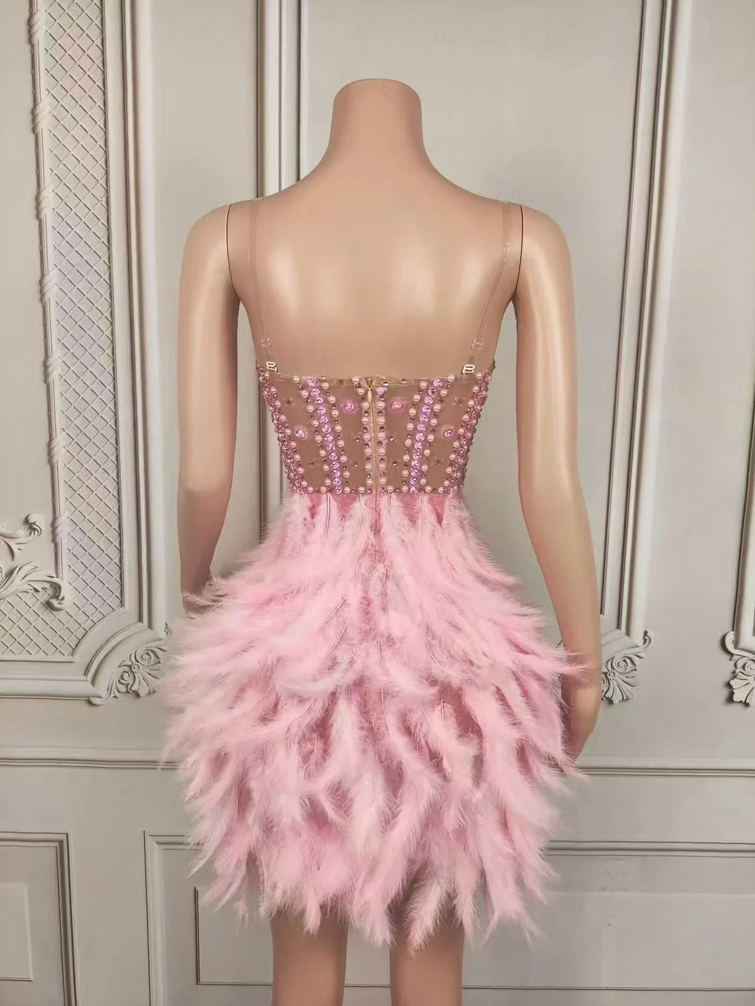 New 2025 Sparkly Pearls Beading Feather Pink Princess Dress for