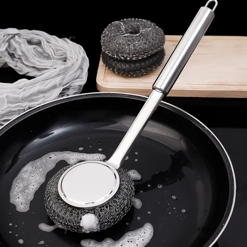 Stainless Steel Wire Brush with Long Handles Kitchen Replacement Steel Wool Wire Ball Dishwashing Brush Sink Countertop Cleaning 4