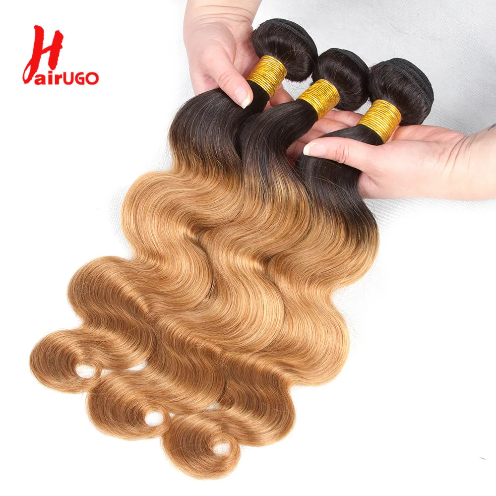 HairUGo T1B/27 Omber Blonde Body Wave Bundles Brazilian Human Hair Weaving Remy Hair Bundles