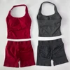 No Logo 2 Pieces Gym Set Women Backless Halter Tops High Waist Seamless Shorts Gym Suit Fitness Clothes Sportswear Workout Sets
