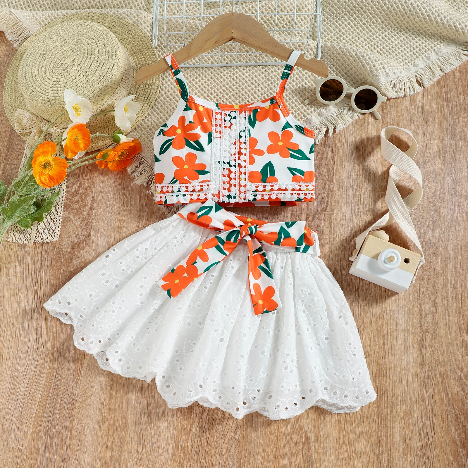 FOCUSNORM 0-4Y Lovely Kids Girls Clothes Sets 2pcs Flowers Lace Spaghetti Strap Camisole + Hollow-out Solid Skirt with Belt