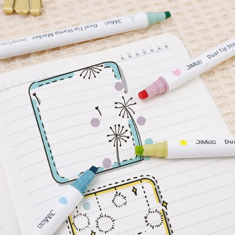 Quick Dry Seal Double-ended Highlighter Marker Watercolor Pen Graffiti Pen Kawai Korean Stationery School Office Supplies 6-1Pcs