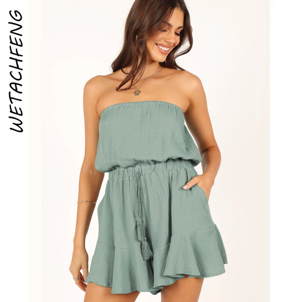 

Комбинезон женский трикотажный с оборками, пикантные зеленые брюки-шорты без бретелек, уличная одежда, на лето