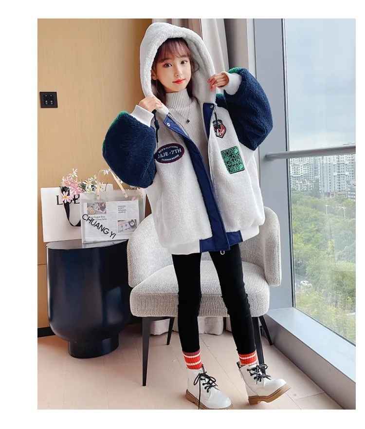 Wool Hooded Jacket  Autumn Winter Girl Coat Zip Warm Fur Thicken Clothing Kids Teenage Fashion Hood Lamb Woolen Plush Teens Jackets Outerwear Coats for Girls in Navy Blue white