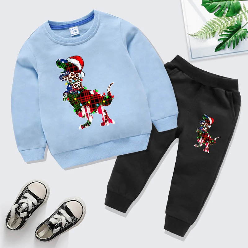 Winter Children's Clothing Sets Christmas Grid Dinosaur Pullover+Pants 2pc Set Cartoon Xmas Party Boys Girls Outfit Tracksuits
