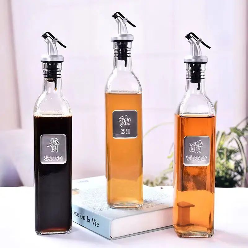 

Kitchen Supplies Square Glass Press Type Oil Bottle Vinegar Soy Sauce Bottle Household Combination Seasoning Bottle