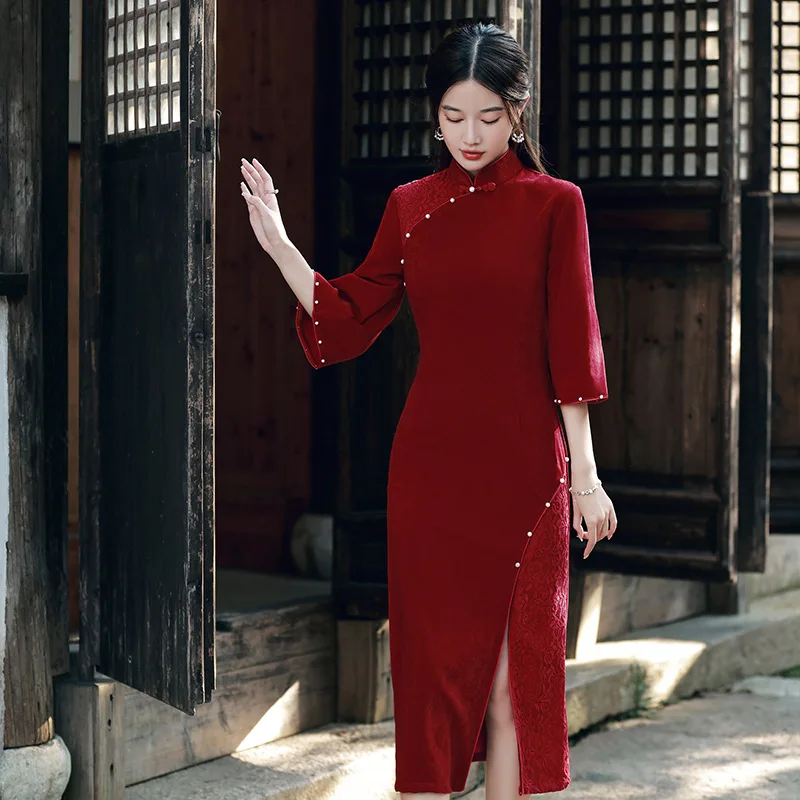

Women's Sexy Cheongsam Front Sub Slim Novel Cheongsam Elegant Retro Chinese Dress Festive Bridal Dress Oriental Party Dress