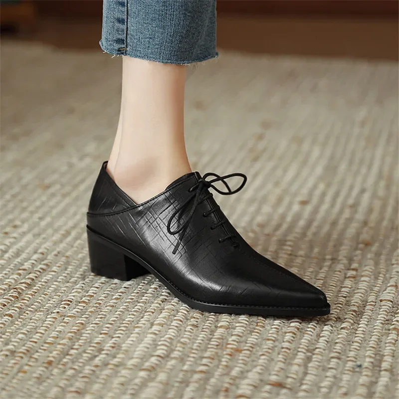 

2023 New Fashion Women Pumps Pointed Toe Summer Shoes Chunky Heels Lace Up Loafers Shoes for Women Handmade Retro Ladies Shoes