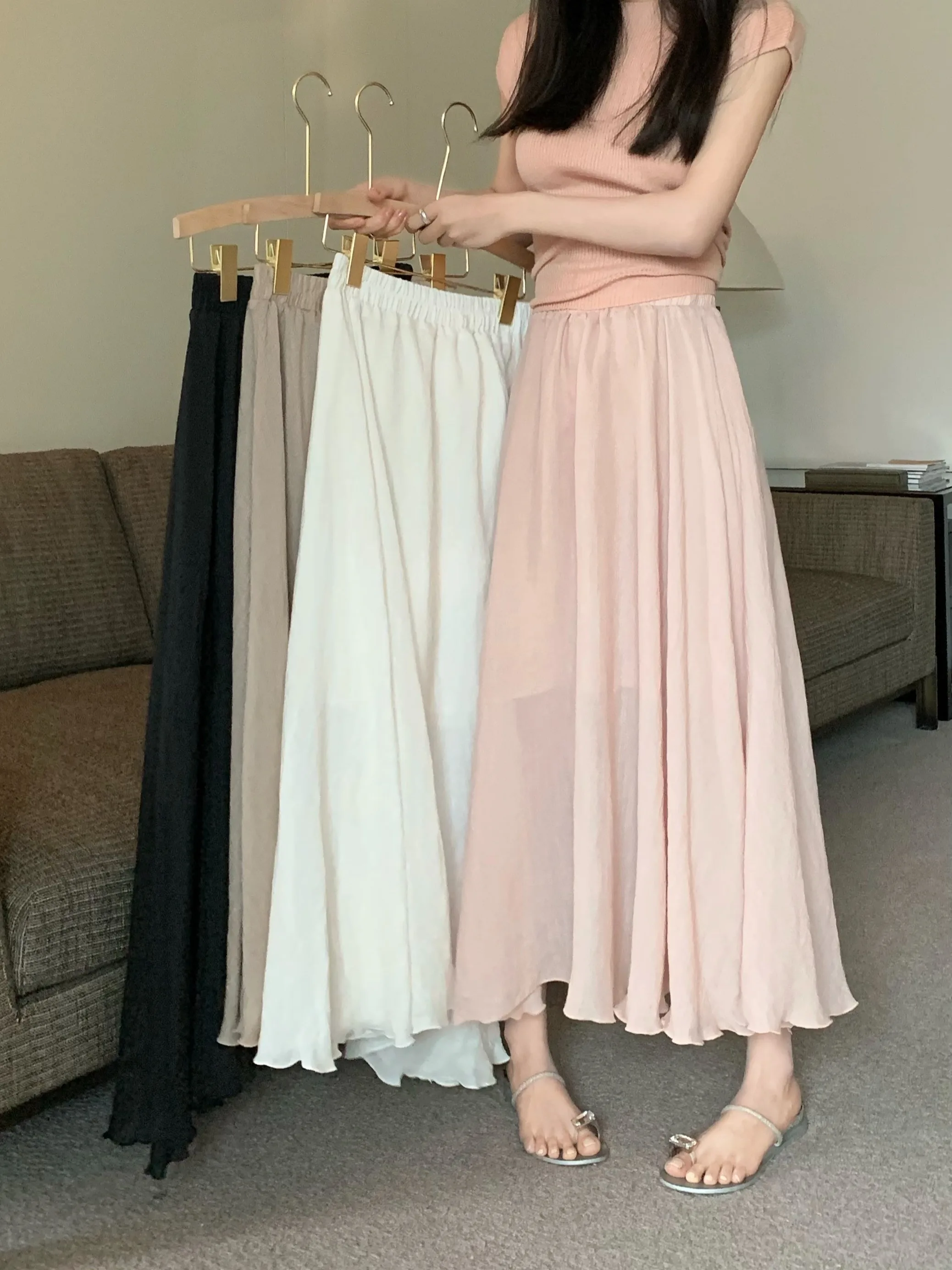 여성을위한 부드러운 스타일 하이 웨이스트 코튼 린넨 스커트 2024 뉴 여름 크래커 카키 Tulle a 라인 중간 길이 스커트 