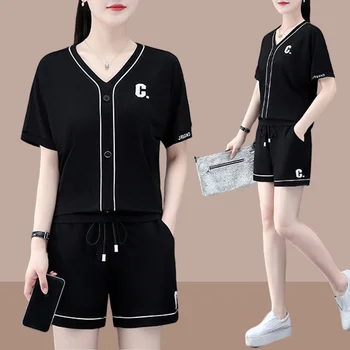 Women's Casual Sweat Suit Matching Summer New Fashion Silk Short-Sleeved Crop Top And Shorts 2 Two Piece Set For Women Clothing