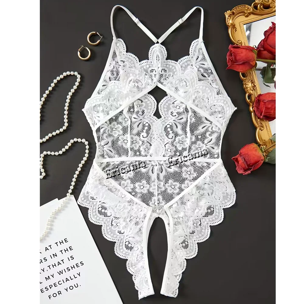 Sexy Lingerie Lace Transparent One Piece Bodysuit For Women Hollow Out Underwear Lace Up Teddy Erotic Lingerie Babydoll Leotards