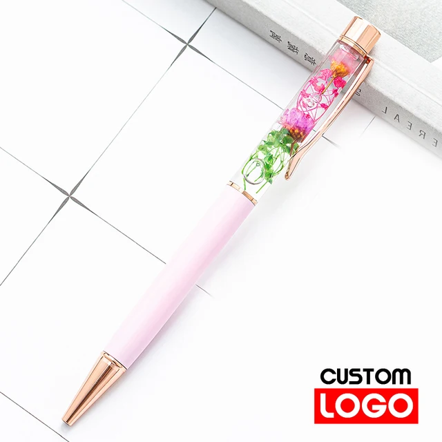 New Eternal Life Flower Oil Pen Metal Ballpoint Pen Lettering Engraved Name Advertising Pen Custom Logo Stationery Wholesale Light pink