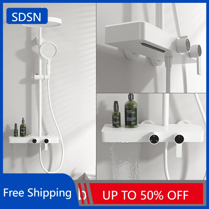 สีขาวห้องน้ําระบบชุด SDSN 12 นิ้วรอบหัวฝักบัวทองเหลืองก๊อกน้ําห้องน้ําร้อนเย็นทองห้องน้ําชุดฝักบัว 1