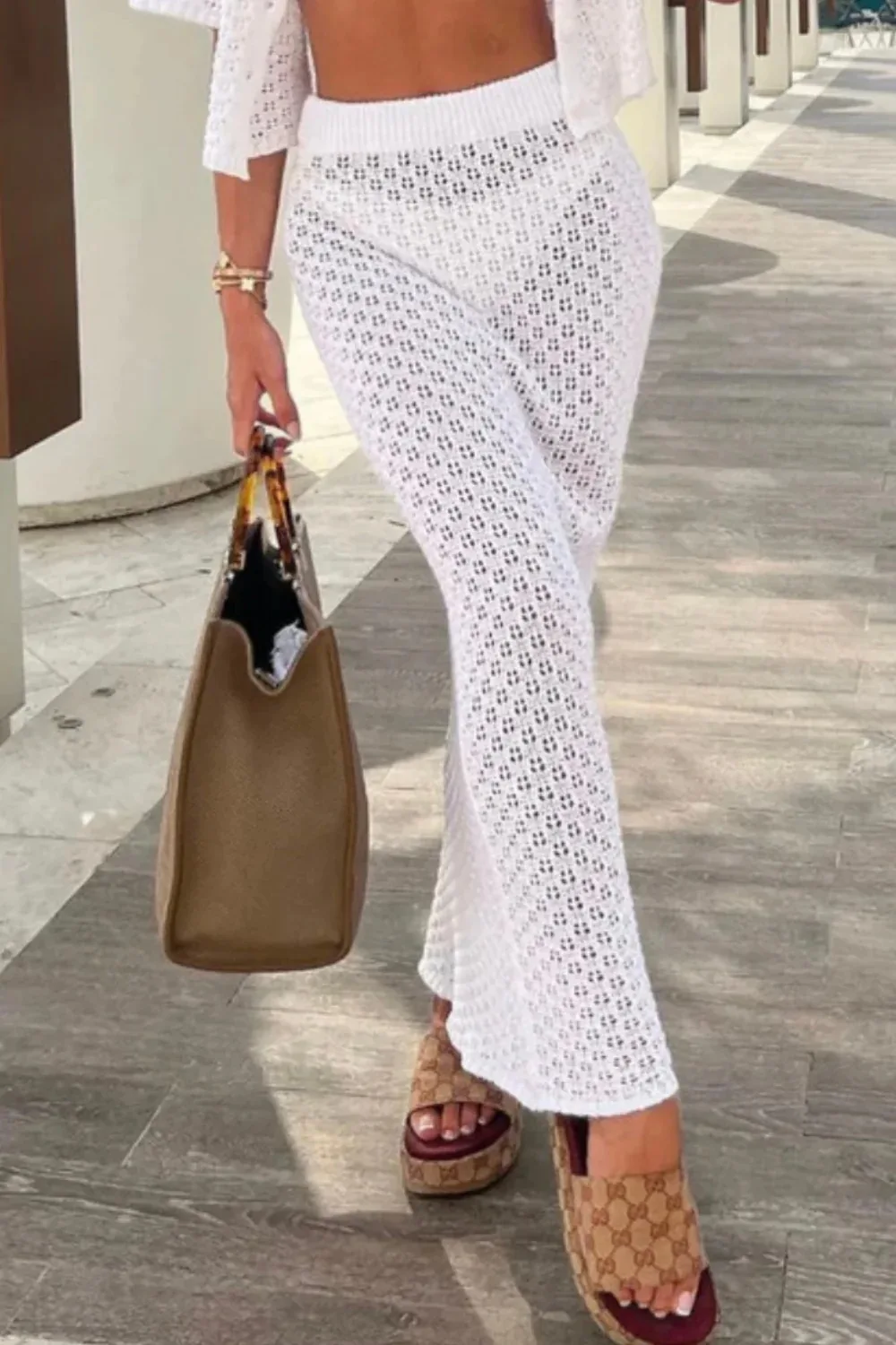 Knit Hollow Out 2 Piece-Set Long Skirt Women's Cropped Top Cardigan And High Waist Maxi Skirt Outfits Female Clothes