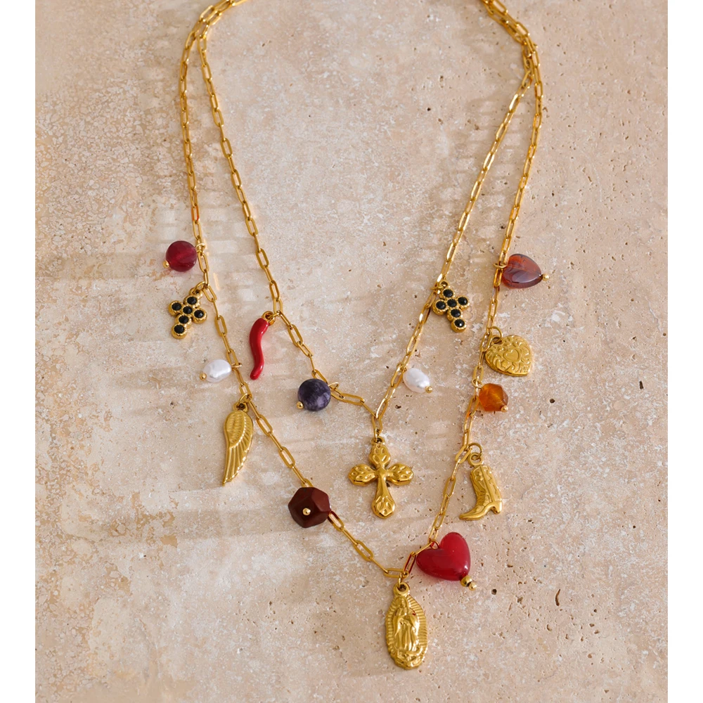 Yhpup Double-Layer Chain Heart Cross Necklace