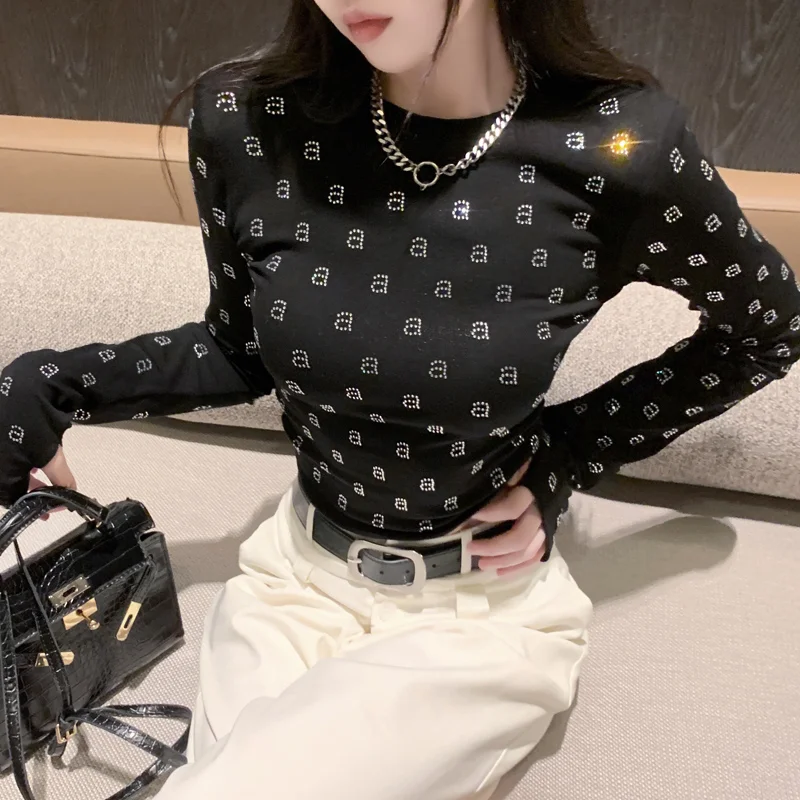 AW Wang Diamond A Letter O-neck Long Sleeve Black Slim T-shirt For Women Crop Top Tshirts Star Girl Y2k Short Stich Tees Clothes