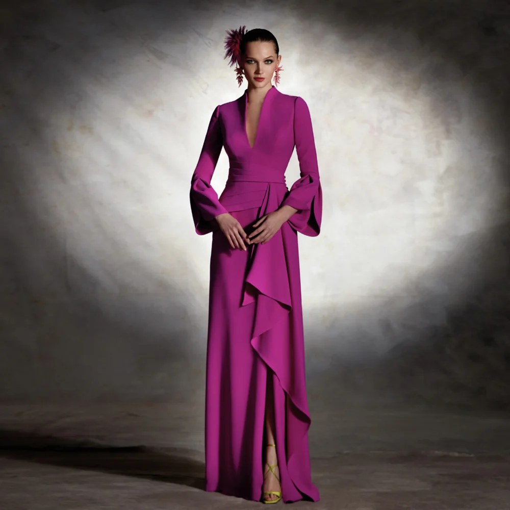 Elegant Mother of the Bride Dresses V Neck Long Sleeve Wedding Party Gowns Mermaid Ruffles Front Slit فساتين السهرة
