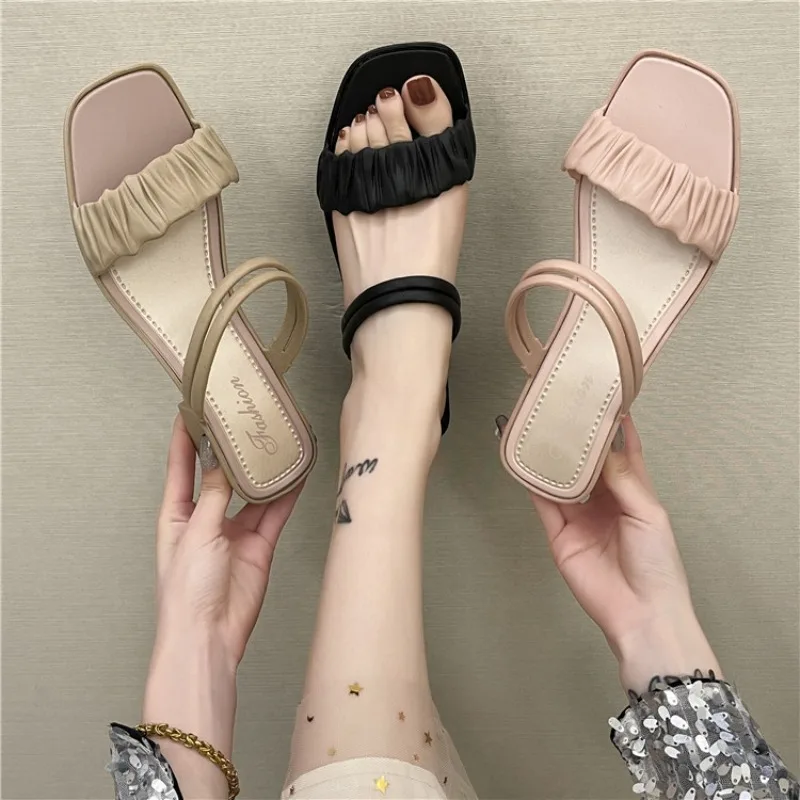 Two-Way Wear Roman Elegant Women's Slippers Mid Heel Slip-On Outdoor Casual Sandals Versatile Casual Shoes