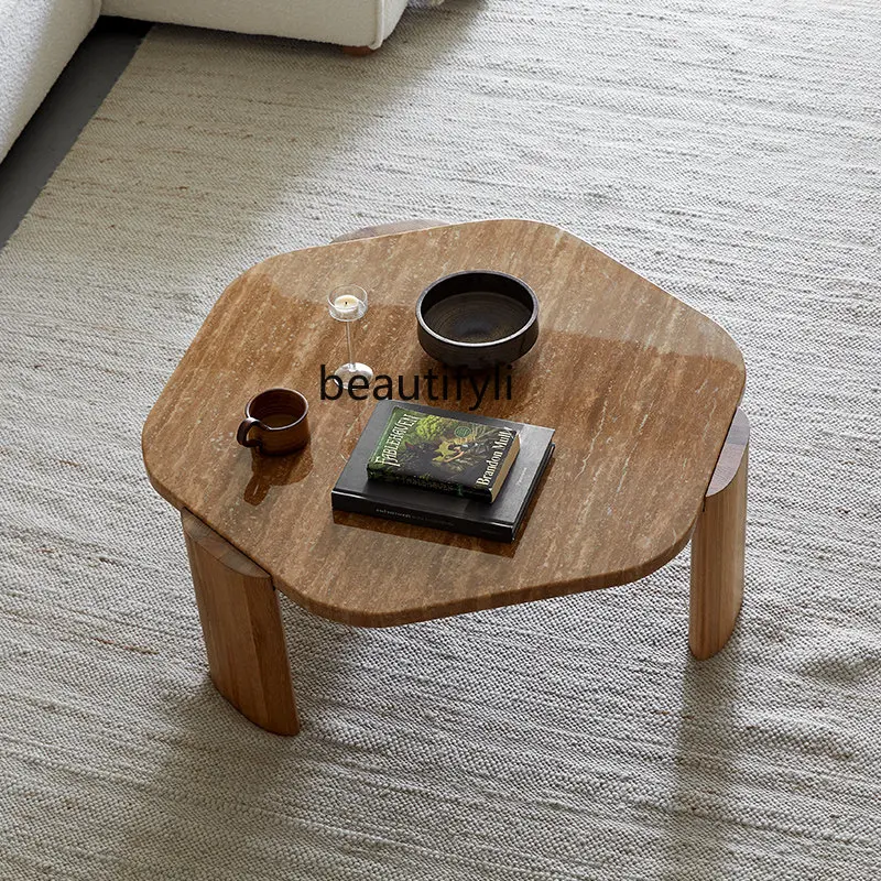 

Designer Solid Wood Coffee Table Marble Nordic Living Room Small Apartment Tea Table Silent Wind Shaped Cave Stone Tea Table